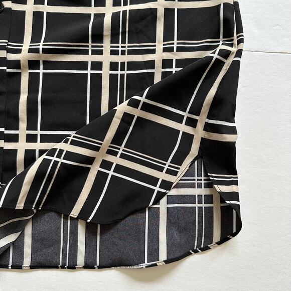 Susan Graver Blouse Top Plaid Button Down Relaxed Black Tan Small Classic Office - Picture 6 of 11